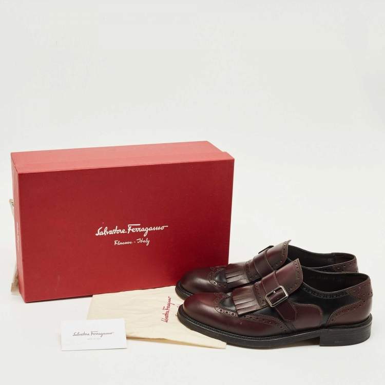 Pre Owned Salvatore Ferragamo Two Tone Brogue Leather Genesis Fringe Detail Wingtip Loafers Size41