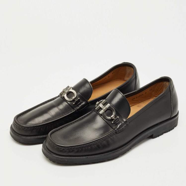 Pre Owned Salvatore Ferragamo Black Leather Fort Gancini Loafers Size 45