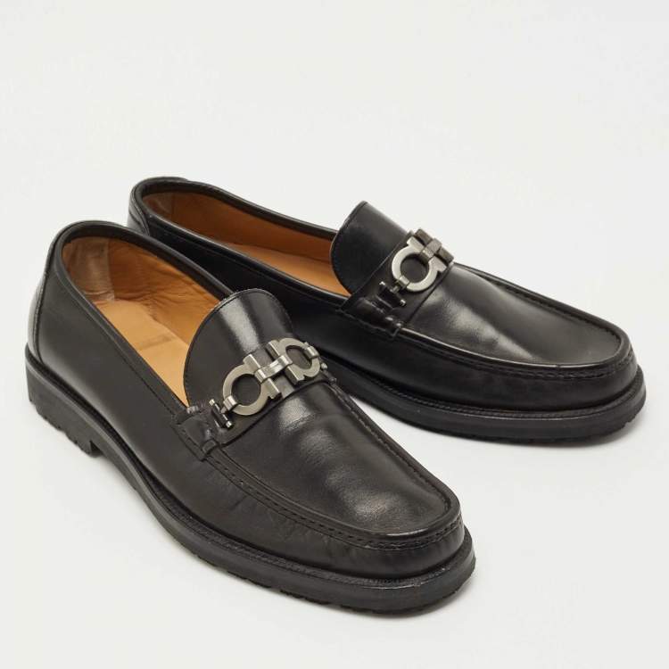 Pre Owned Salvatore Ferragamo Black Leather Fort Gancini Loafers Size 45