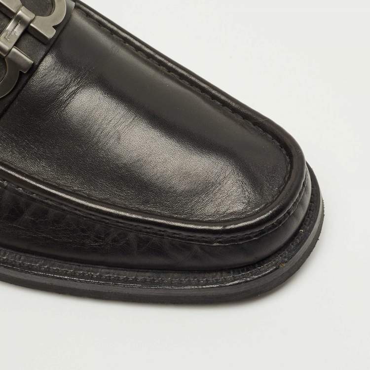 Pre Owned Salvatore Ferragamo Black Leather Fort Gancini Loafers Size 45