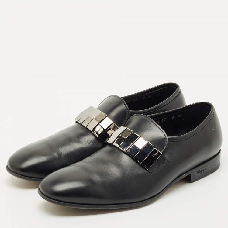 Pre Owned Salvatore Ferragamo Black Leather Embellished Slip On Loafers Size 42