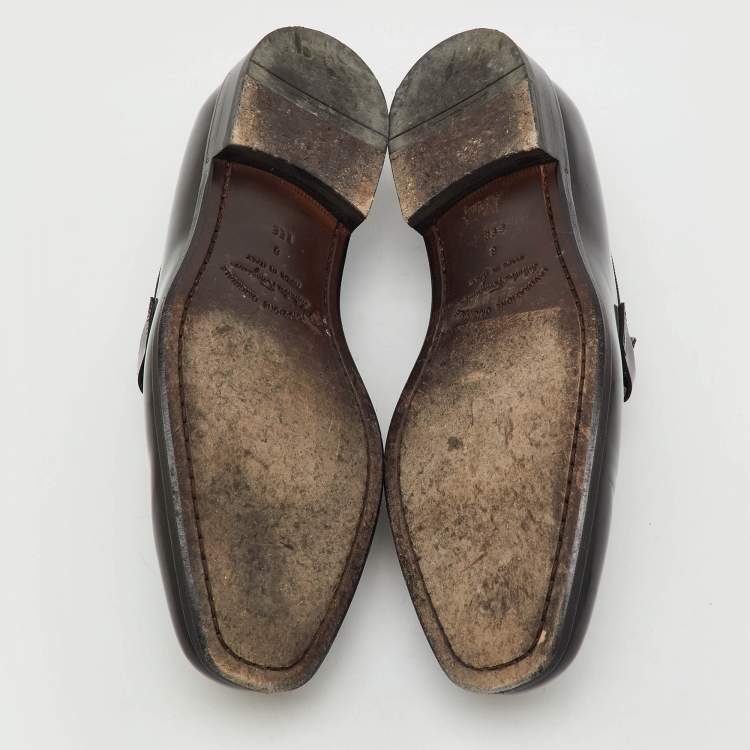 Pre Owned Salvatore Ferragamo Black Leather Gancini Slip On Loafers Size 42