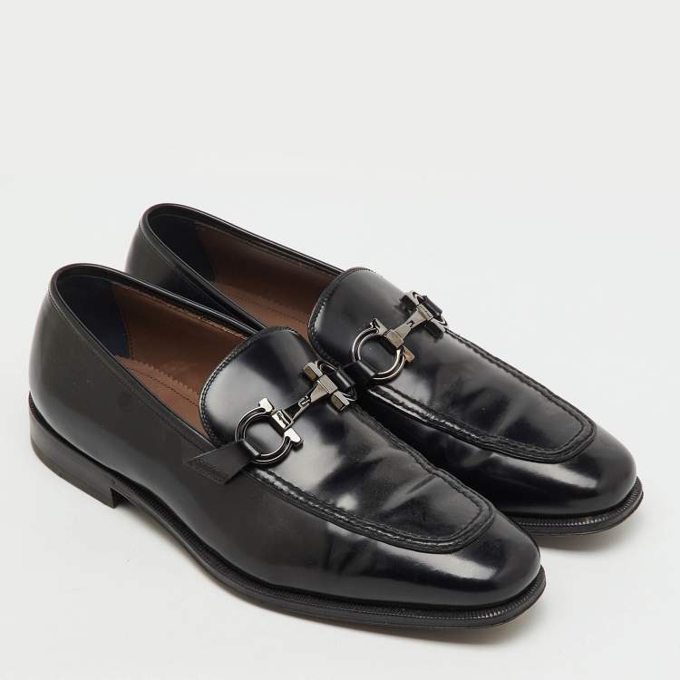 Pre Owned Salvatore Ferragamo Black Leather Gancini Slip On Loafers Size 42
