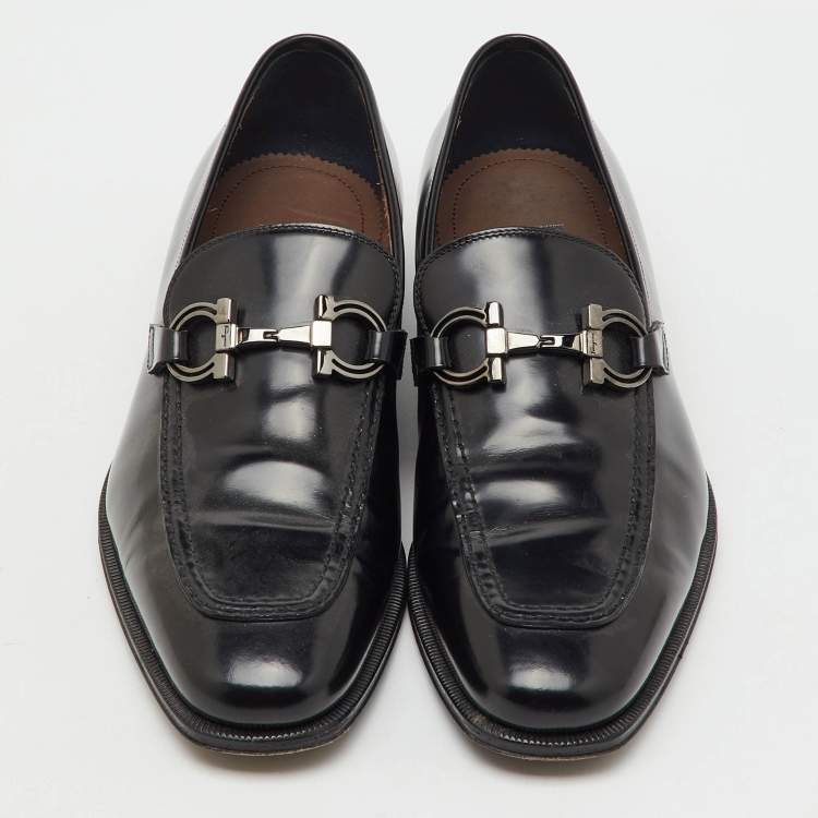 Pre Owned Salvatore Ferragamo Black Leather Gancini Slip On Loafers Size 42