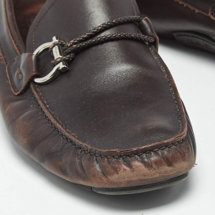 Pre Owned Salvatore Ferragamo Dark Brown Leather Gancini Loafers Size 44