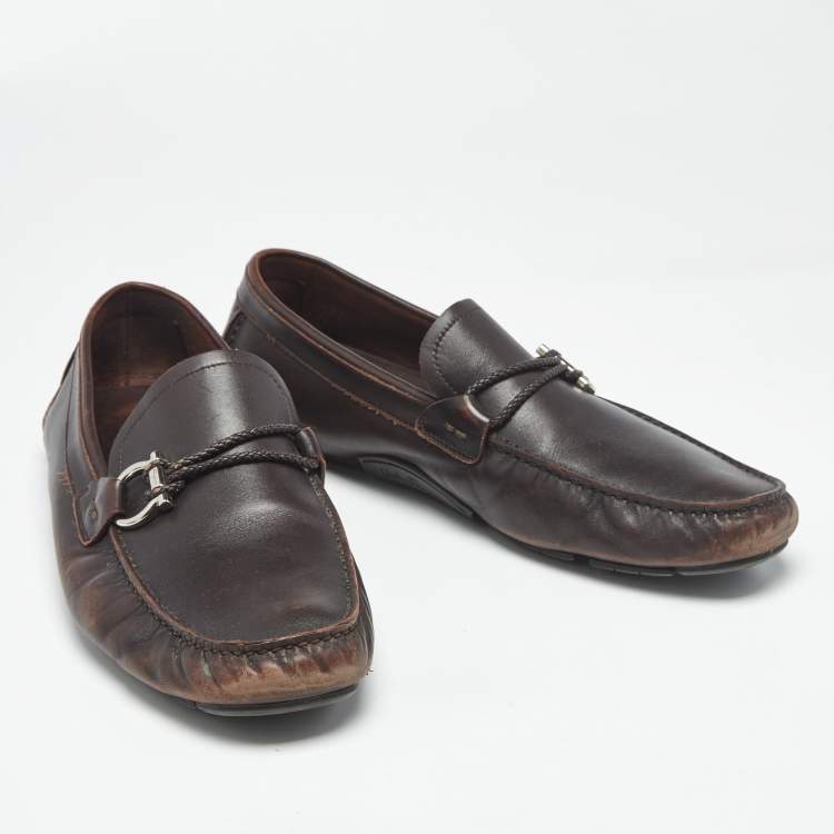 Pre Owned Salvatore Ferragamo Dark Brown Leather Gancini Loafers Size 44