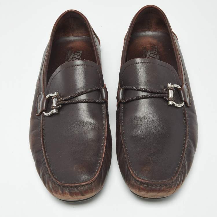 Pre Owned Salvatore Ferragamo Dark Brown Leather Gancini Loafers Size 44