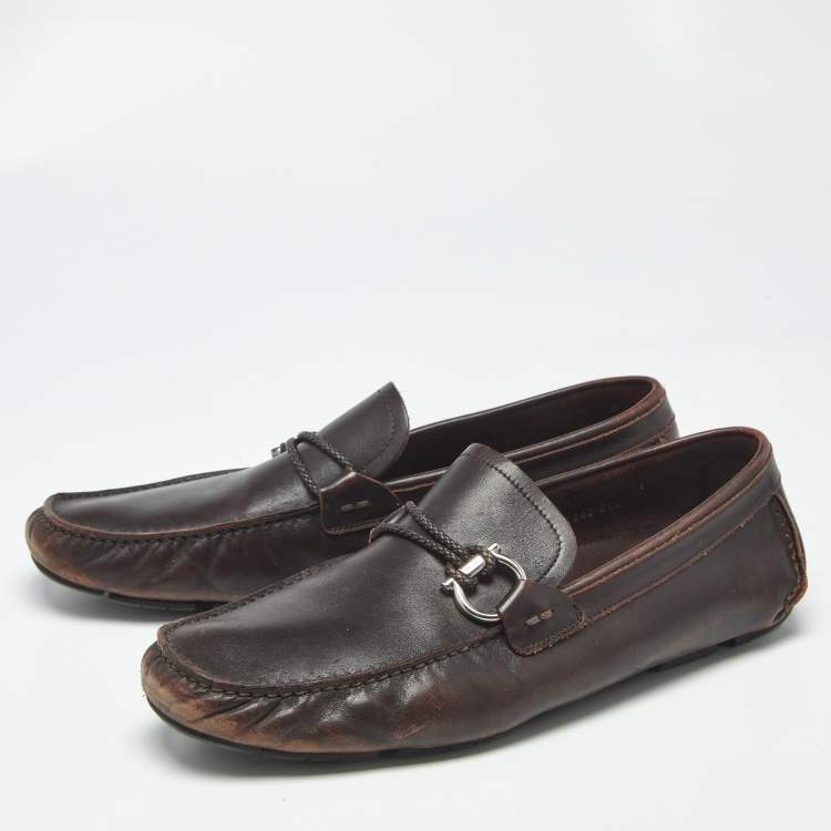 Pre Owned Salvatore Ferragamo Dark Brown Leather Gancini Loafers Size 44