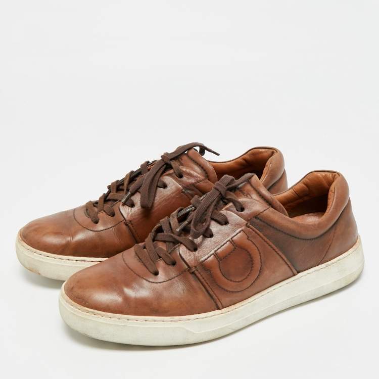 Pre Owned Salvatore Ferragamo Brown Leather Cult 6 Lace Up Sneakers Size 42.5