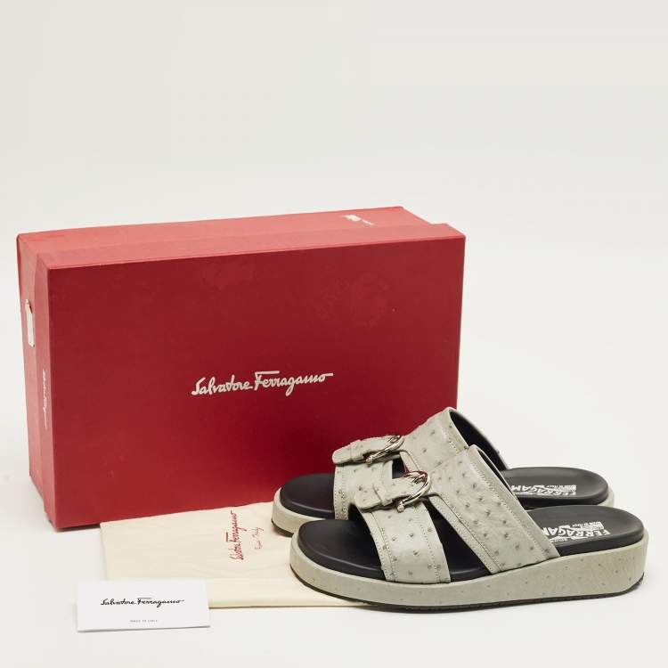 Pre Owned Salvatore Ferragamo Grey Ostrich Lutfi Platform Slide Sandals Size 40.5