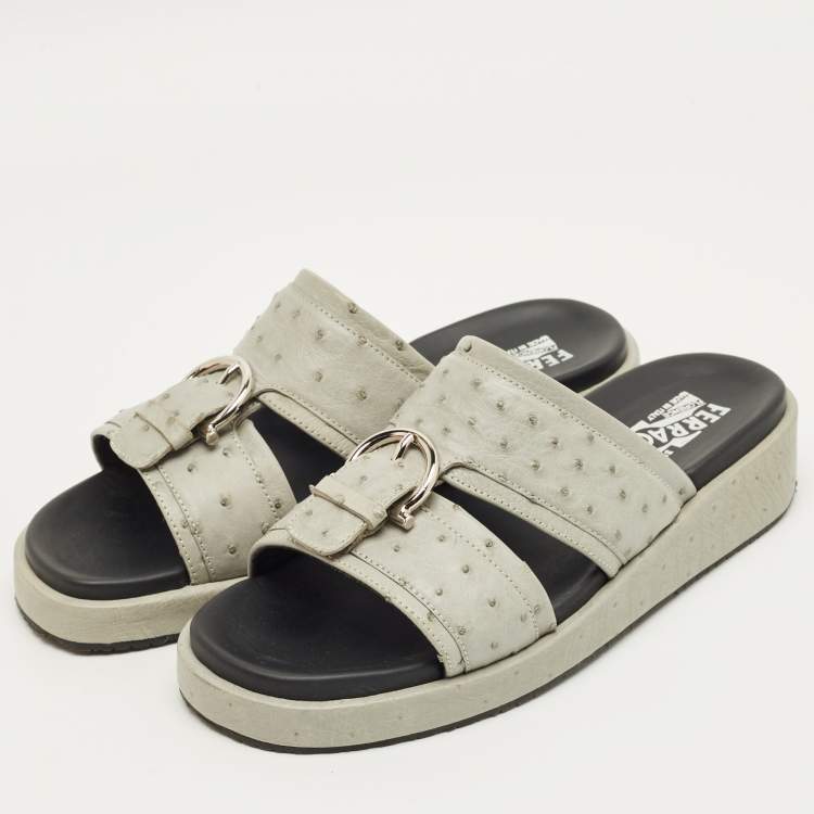 Pre Owned Salvatore Ferragamo Grey Ostrich Lutfi Platform Slide Sandals Size 40.5