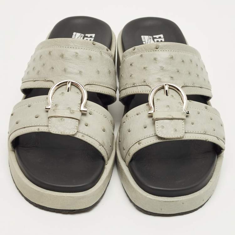 Pre Owned Salvatore Ferragamo Grey Ostrich Lutfi Platform Slide Sandals Size 40.5