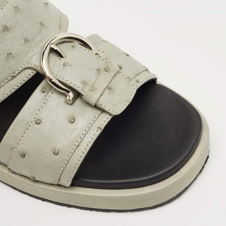Pre Owned Salvatore Ferragamo Grey Ostrich Lutfi Platform Slide Sandals Size 40.5