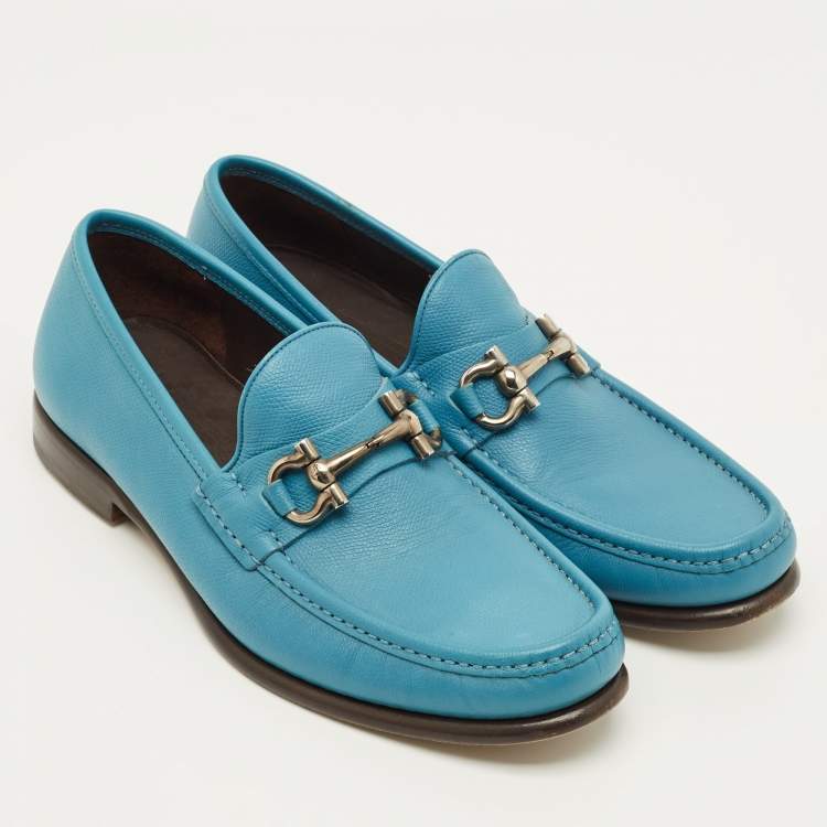 Pre Owned Salvatore Ferragamo Gancini Bit Size 42.5 Blue Leather Loafers