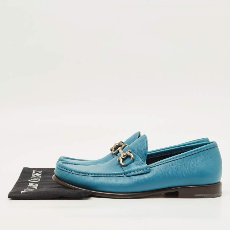 Pre Owned Salvatore Ferragamo Gancini Bit Size 42.5 Blue Leather Loafers