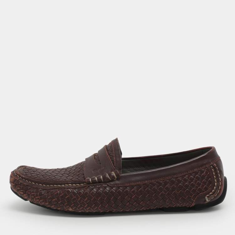 Pre Owned Salvatore Ferragamo Size 42 Burgundy Woven Leather Loafers