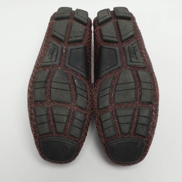 Pre Owned Salvatore Ferragamo Size 42 Burgundy Woven Leather Loafers