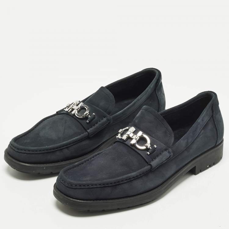 Pre Owned Salvatore Ferragamo Gancini Size 43 Navy Blue Nubuck Leather Slip On Loafers