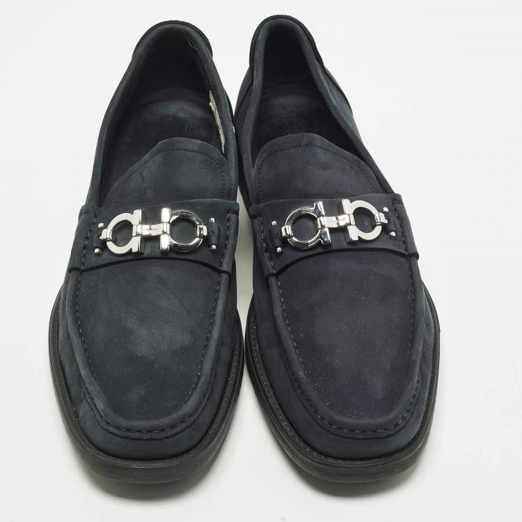 Pre Owned Salvatore Ferragamo Gancini Size 43 Navy Blue Nubuck Leather Slip On Loafers