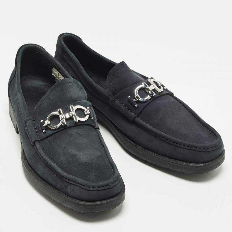 Pre Owned Salvatore Ferragamo Gancini Size 43 Navy Blue Nubuck Leather Slip On Loafers