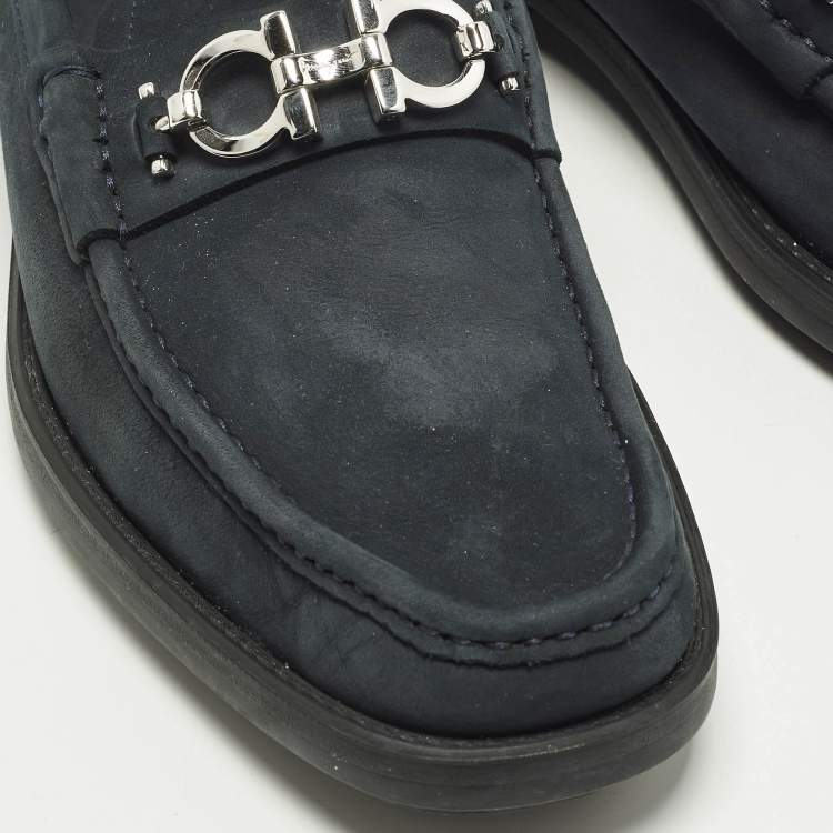 Pre Owned Salvatore Ferragamo Gancini Size 43 Navy Blue Nubuck Leather Slip On Loafers