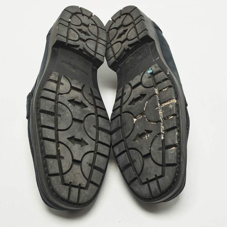 Pre Owned Salvatore Ferragamo Gancini Size 43 Navy Blue Nubuck Leather Slip On Loafers