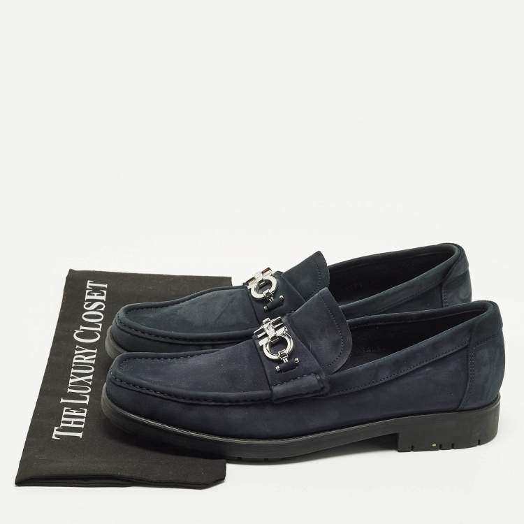 Pre Owned Salvatore Ferragamo Gancini Size 43 Navy Blue Nubuck Leather Slip On Loafers