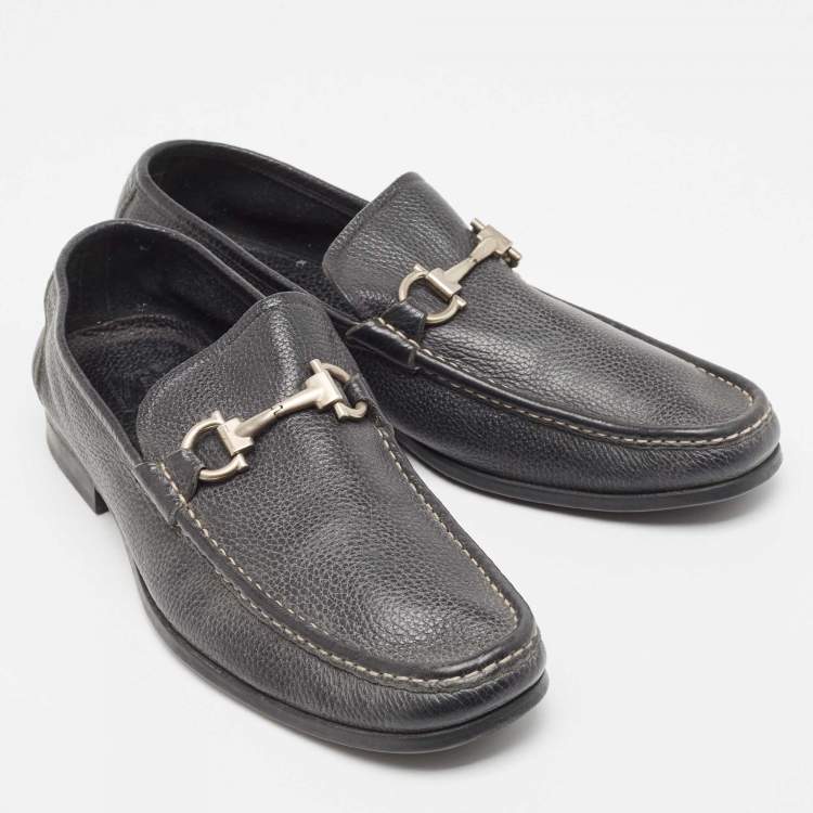 Pre Owned Salvatore Ferragamo Black Leather Gancini Driver Loafers Size 45
