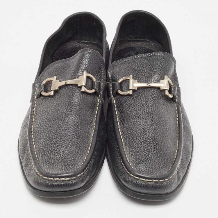 Pre Owned Salvatore Ferragamo Black Leather Gancini Driver Loafers Size 45