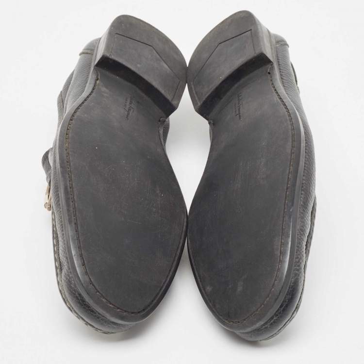 Pre Owned Salvatore Ferragamo Black Leather Gancini Driver Loafers Size 45