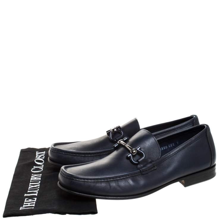 Pre Owned Salvatore Ferragamo Blue Leather Gancini Bit Loafers Size 41