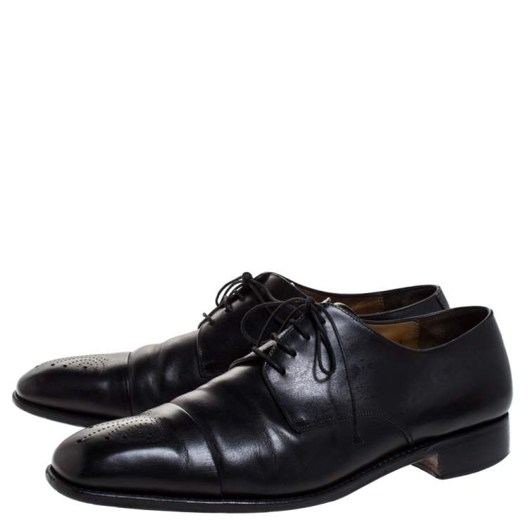 Pre Owned Salvatore Ferragamo Black Leahter Perforated Cap Toe Oxford Derby Size 44.5