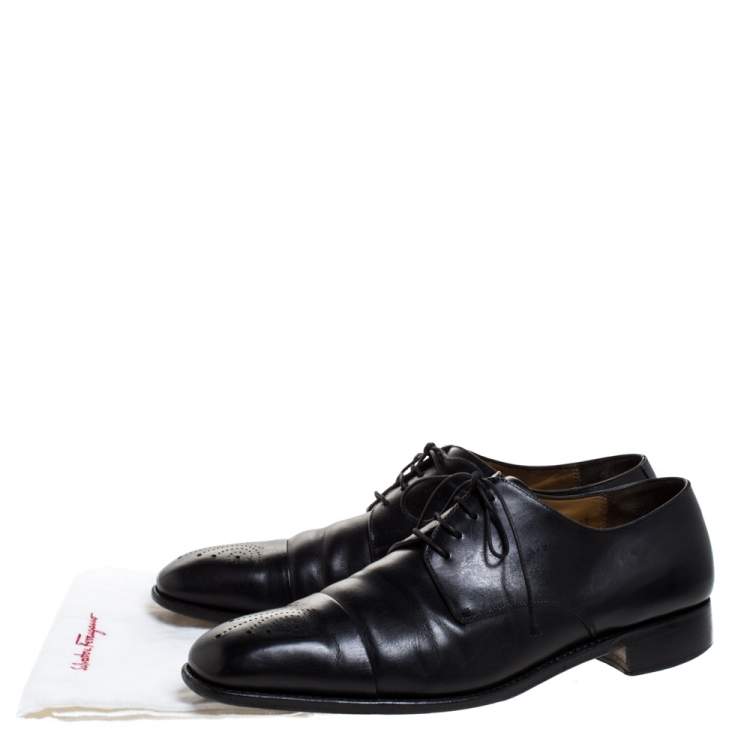 Pre Owned Salvatore Ferragamo Black Leahter Perforated Cap Toe Oxford Derby Size 44.5