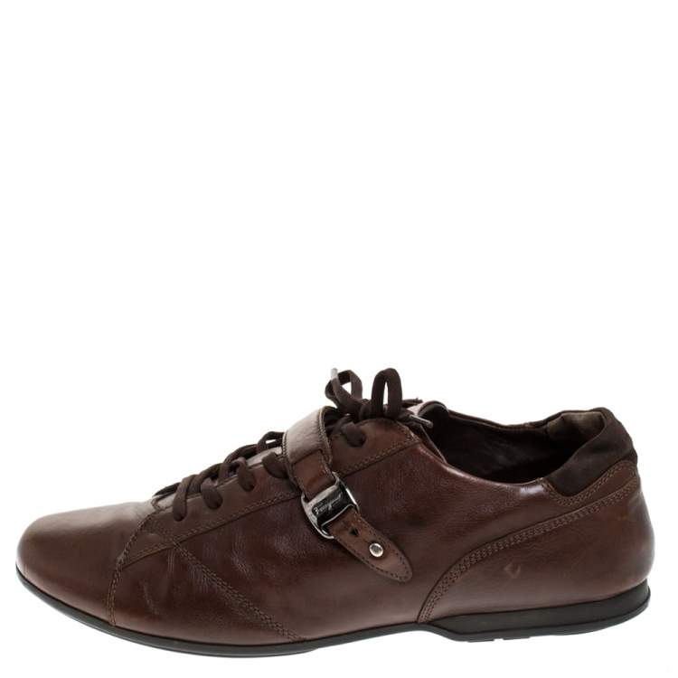 Pre Owned Salvatore Ferragamo Brown Leather Low Top Sneakers Size 45.5