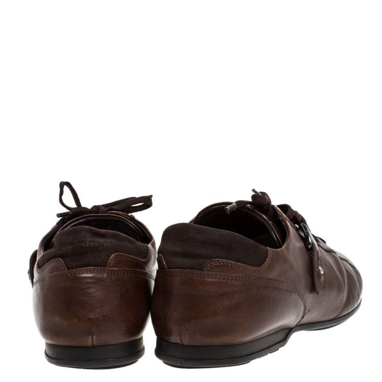 Pre Owned Salvatore Ferragamo Brown Leather Low Top Sneakers Size 45.5