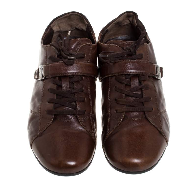 Pre Owned Salvatore Ferragamo Brown Leather Low Top Sneakers Size 45.5