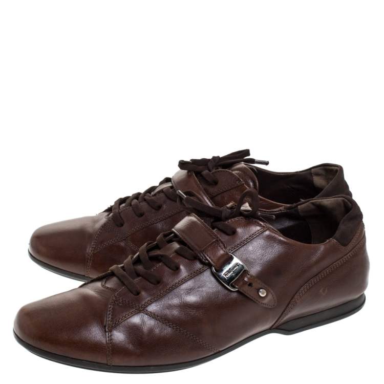 Pre Owned Salvatore Ferragamo Brown Leather Low Top Sneakers Size 45.5