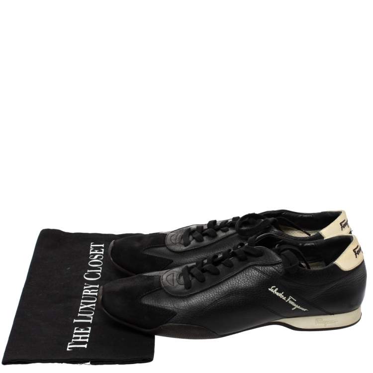 Pre Owned Salvatore Ferragamo Black Leather And Suede Low Top Sneakers Size 42.5