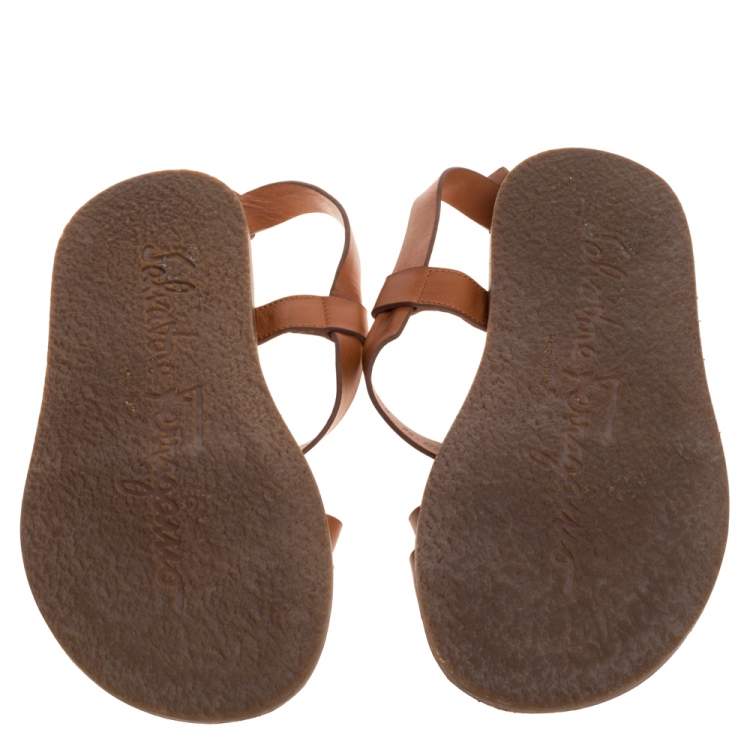 Pre Owned Salvatore Ferragamo Brown Leather Strappy Buckle Flat Sandals Size 42.5