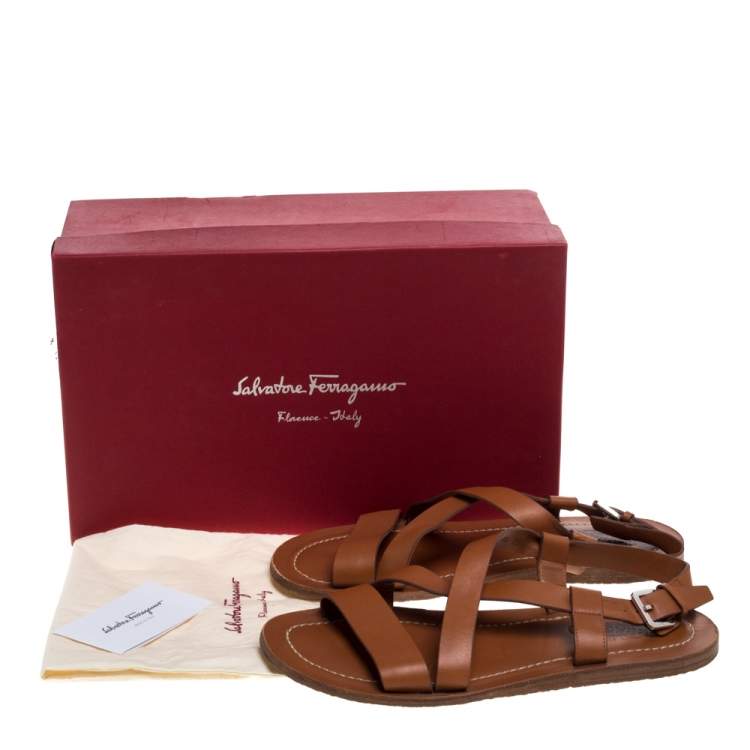 Pre Owned Salvatore Ferragamo Brown Leather Strappy Buckle Flat Sandals Size 42.5