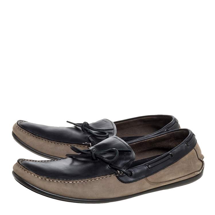 Pre Owned Salvatore Ferragamo Brown/Grey Nubuck Leather Bow Slip On Loafers Size 46