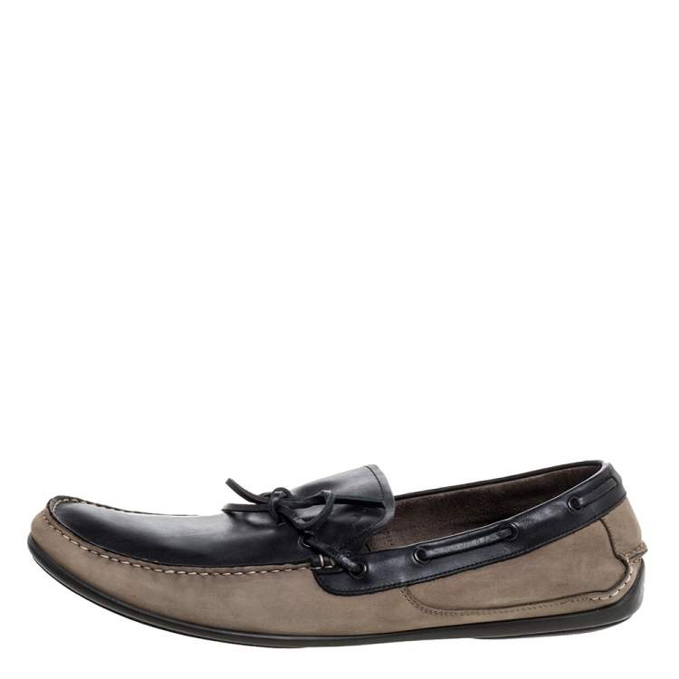 Pre Owned Salvatore Ferragamo Brown/Grey Nubuck Leather Bow Slip On Loafers Size 46