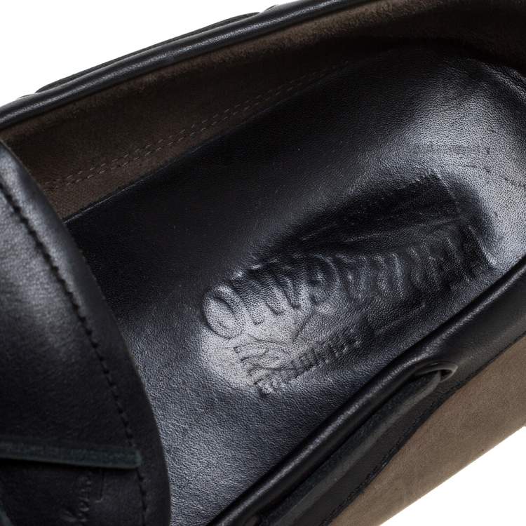 Pre Owned Salvatore Ferragamo Brown/Grey Nubuck Leather Bow Slip On Loafers Size 46