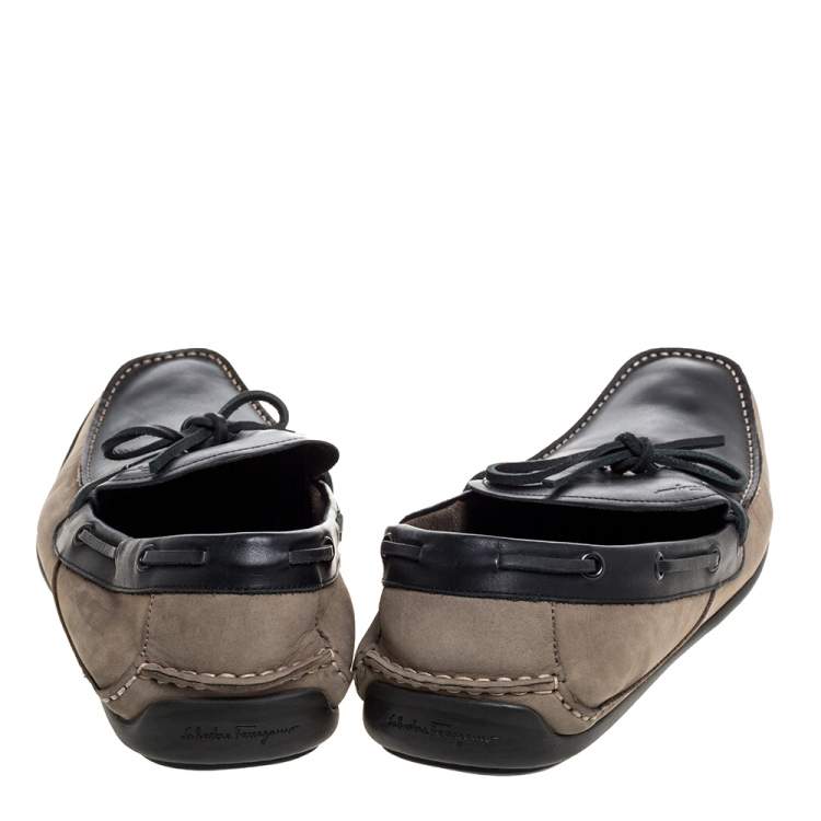 Pre Owned Salvatore Ferragamo Brown/Grey Nubuck Leather Bow Slip On Loafers Size 46