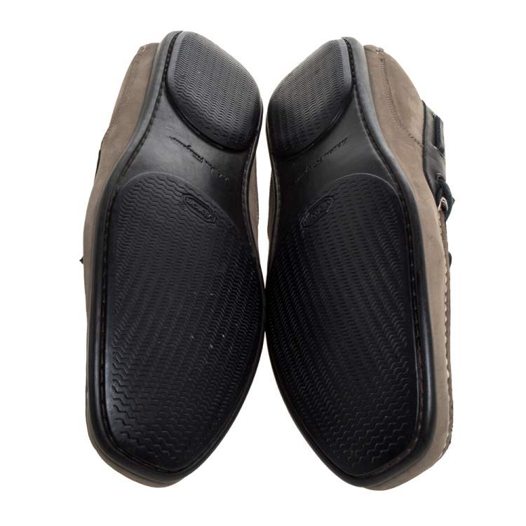 Pre Owned Salvatore Ferragamo Brown/Grey Nubuck Leather Bow Slip On Loafers Size 46