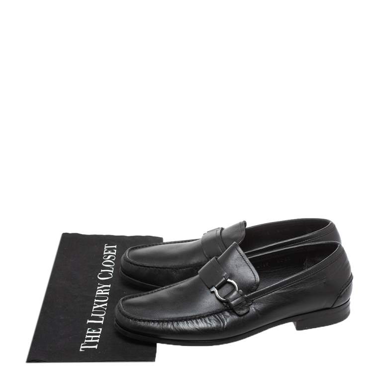 Pre Owned Salvatore Ferragamo Black Leather 'Ponza' One Side Gancio Loafers Size 42.5