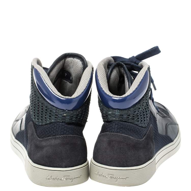 Pre Owned Salvatore Ferragamo Blue Leather and Mesh High Top Sneakers Size 41
