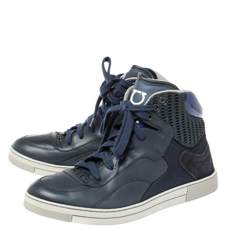 Pre Owned Salvatore Ferragamo Blue Leather and Mesh High Top Sneakers Size 41