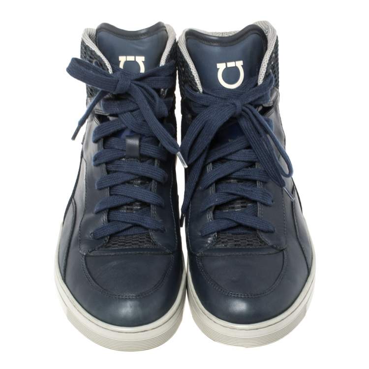 Pre Owned Salvatore Ferragamo Blue Leather and Mesh High Top Sneakers Size 41