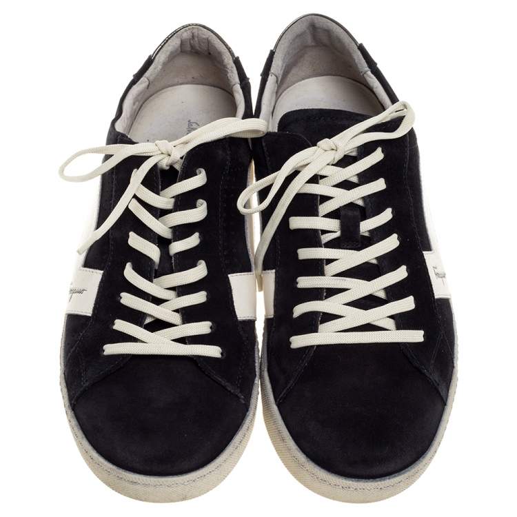 Pre Owned Salvatore Ferragamo Black/White Leather and Suede Low Top Sneakers Size 45 